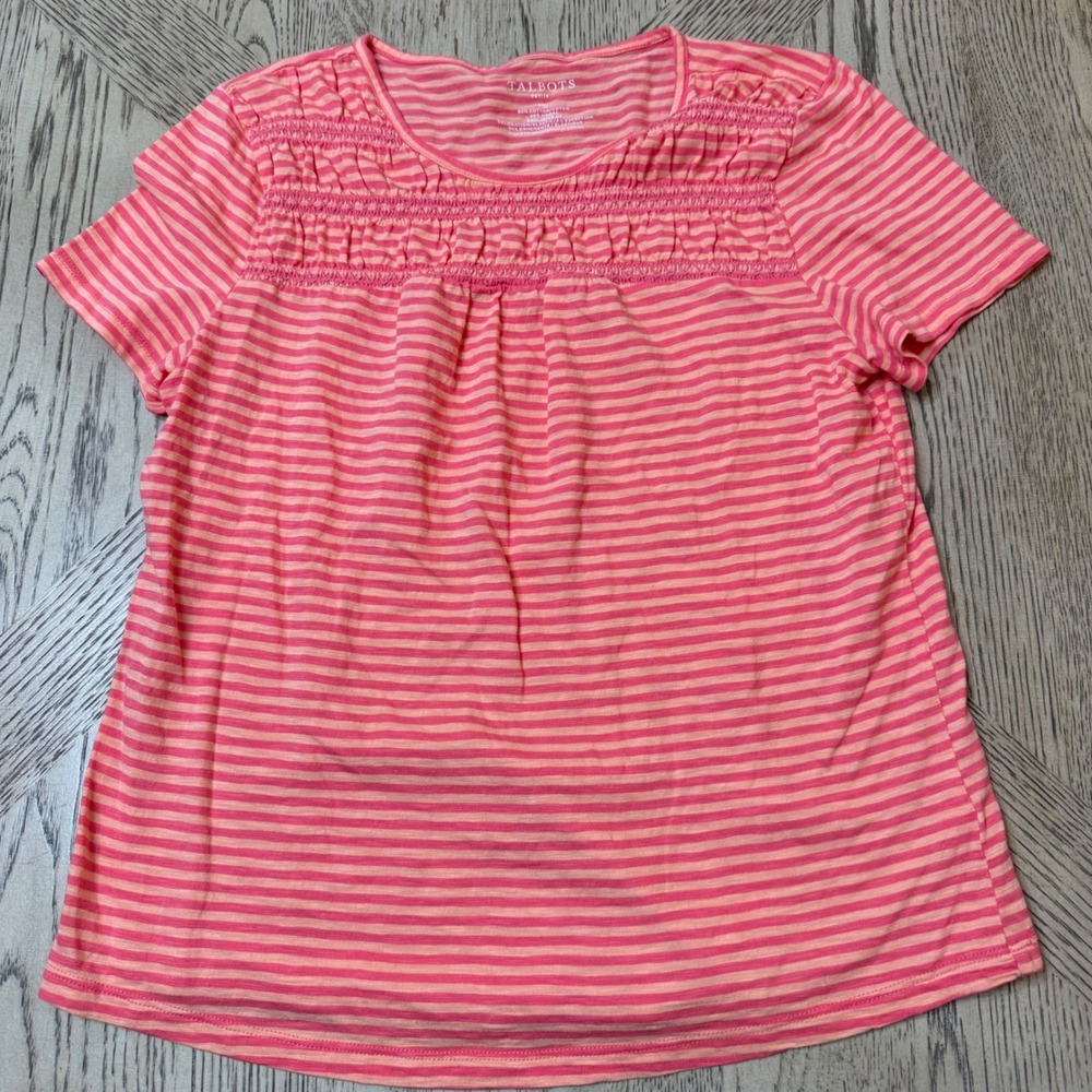 Talbots Petites Medium Petite‎ Striped Smocked Neck Short Sleeve Tee Casual Top